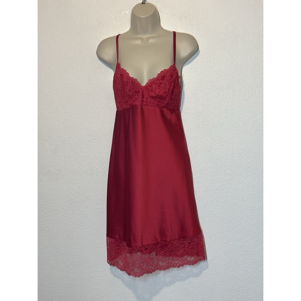 Soma Red Satin Full Slip Dress Sz S Lace Trim Lingerie Coquette Glam Boudoir
